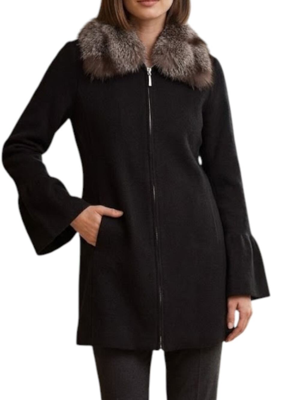 Dolce Cabo Silver Fox Fur Collar Sweater Coat Bell Sleeve Zip Black Women S/M